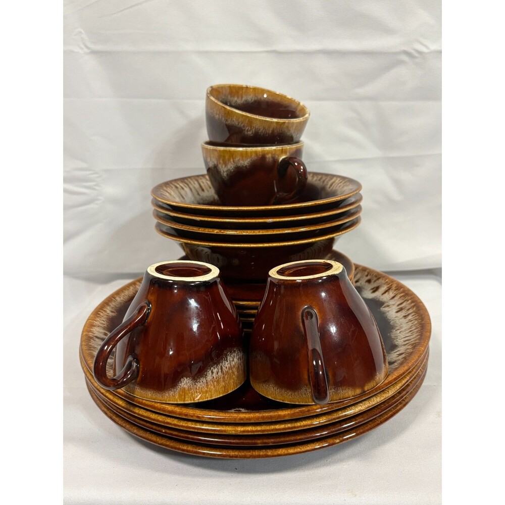 Vintage Unbranded 16 Piece Brown Drip Dishes Set